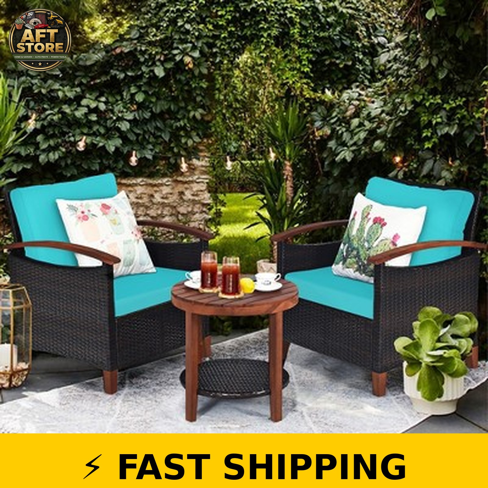 Costway 3PCS Patio Rattan Furniture Set with Acacia Wood Frame