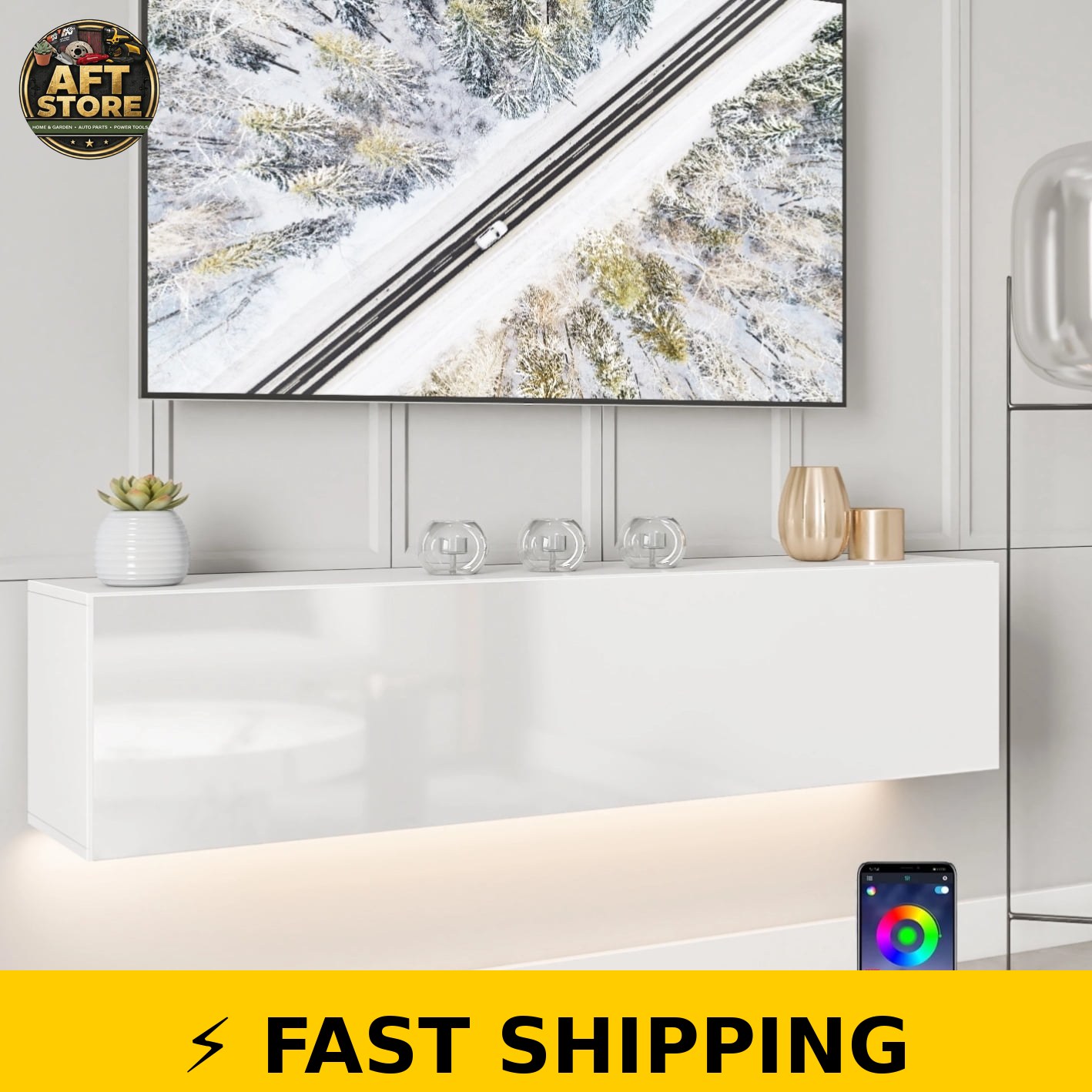 HOMMPA Wall Mounted TV Stand with LED Lights, High Gloss
