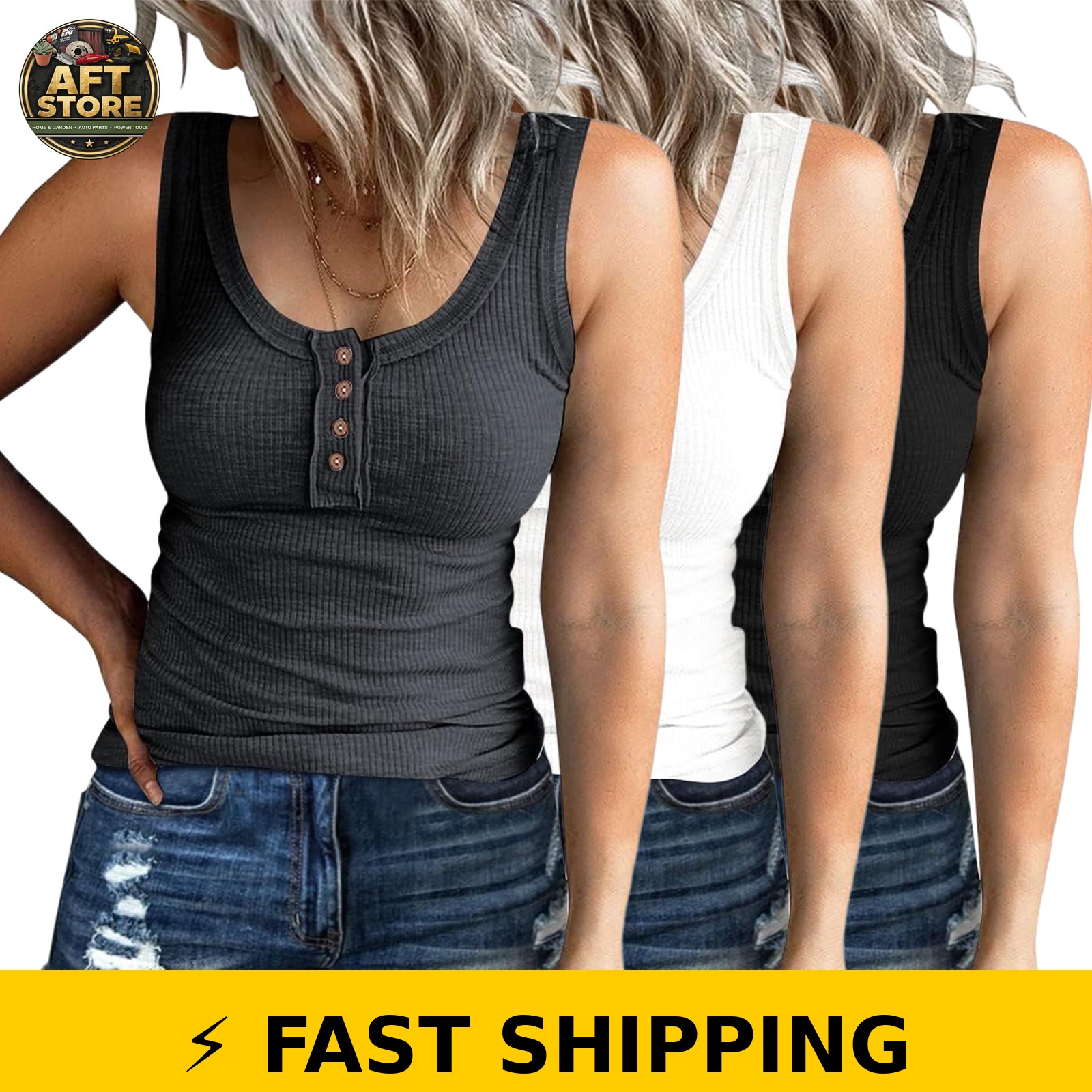 SUNBS Women’s Ribbed Henley Tank Tops – 3 Pack