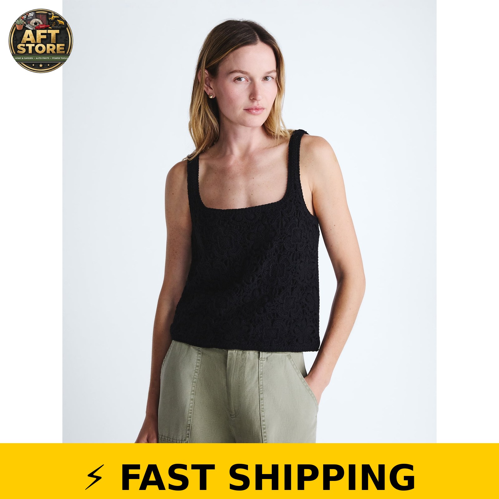 Scoop Women’s Square Neck Crochet Cotton Tank Top – Sizes
