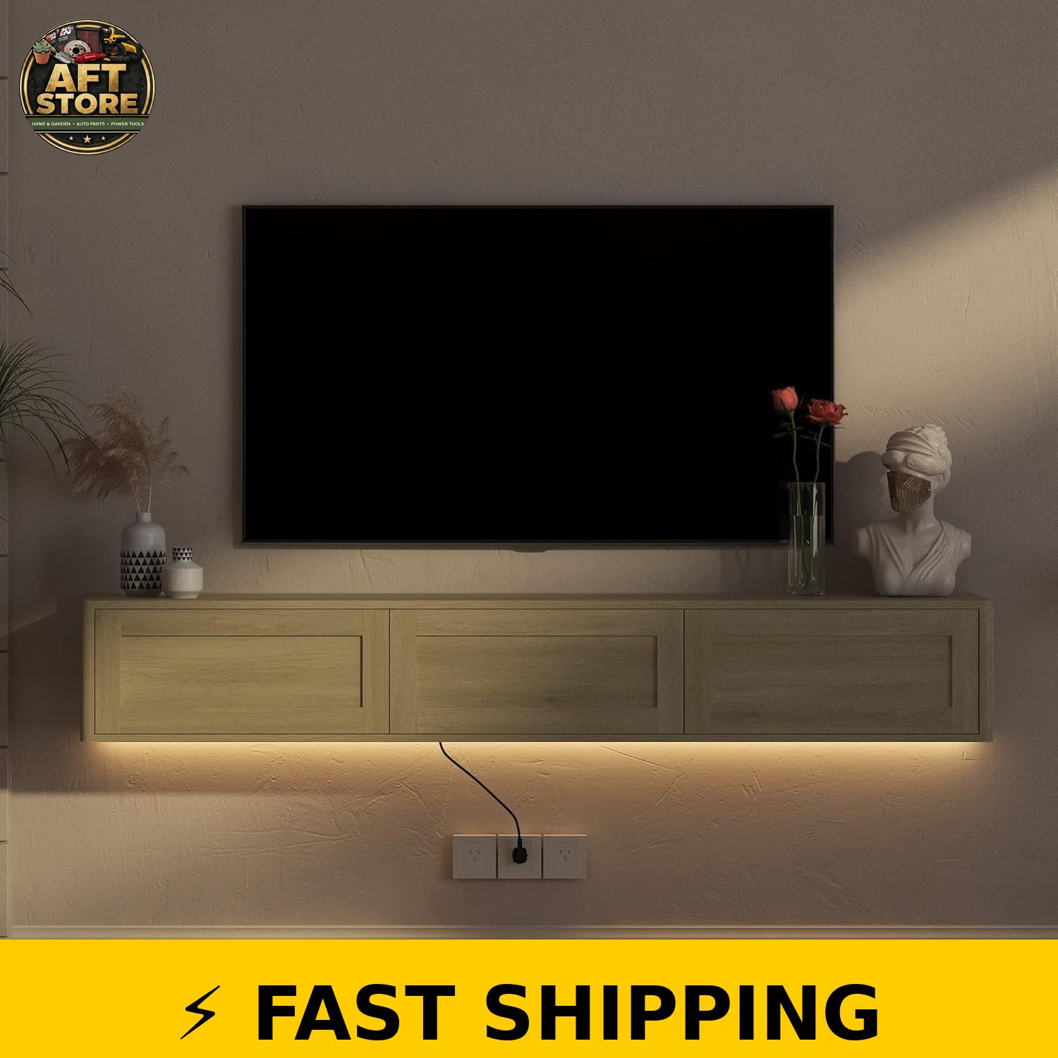 YWEN 68.9″ Floating TV Stand with LED Lights, Black