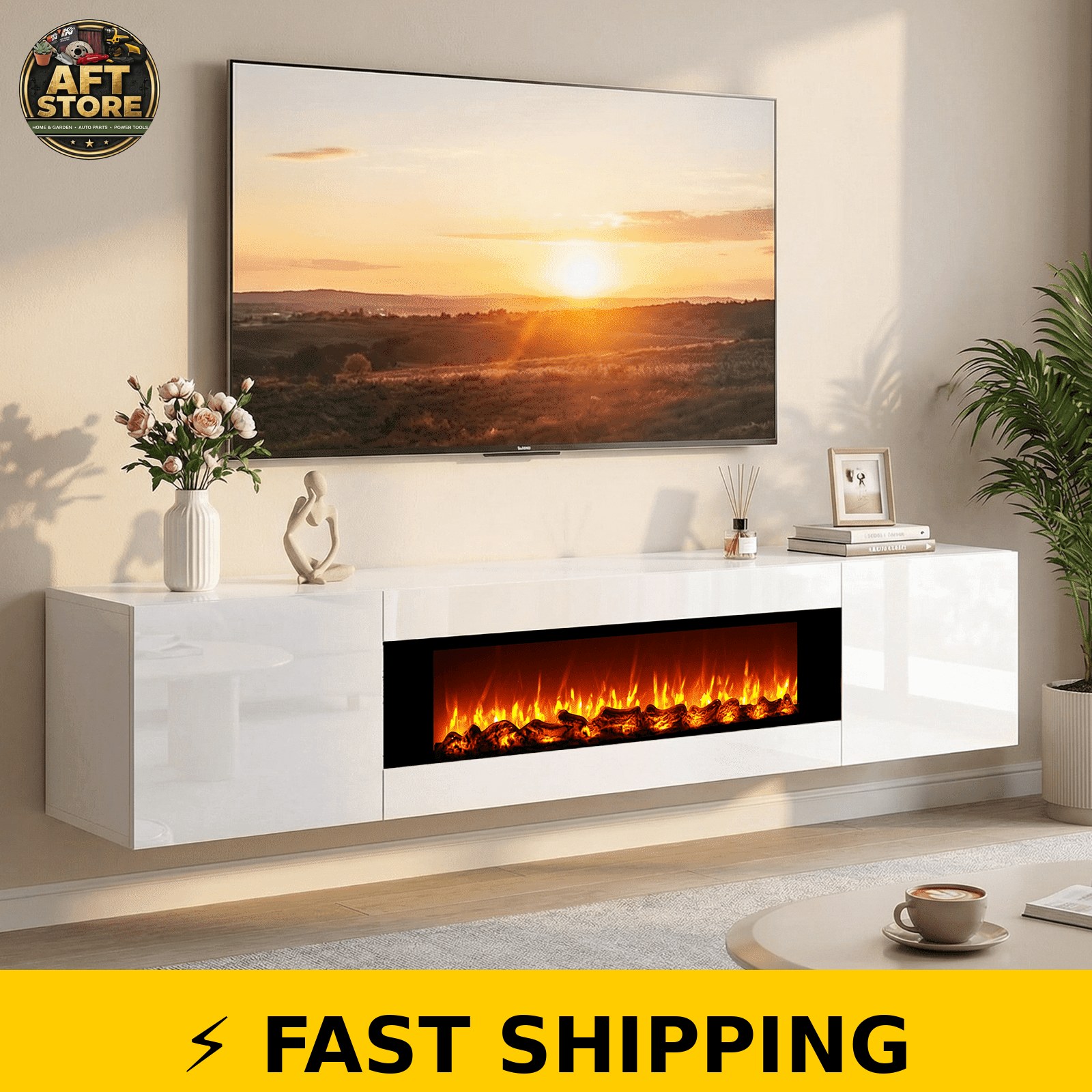 Rocyis 70″ Floating TV Stand with Electric Fireplace