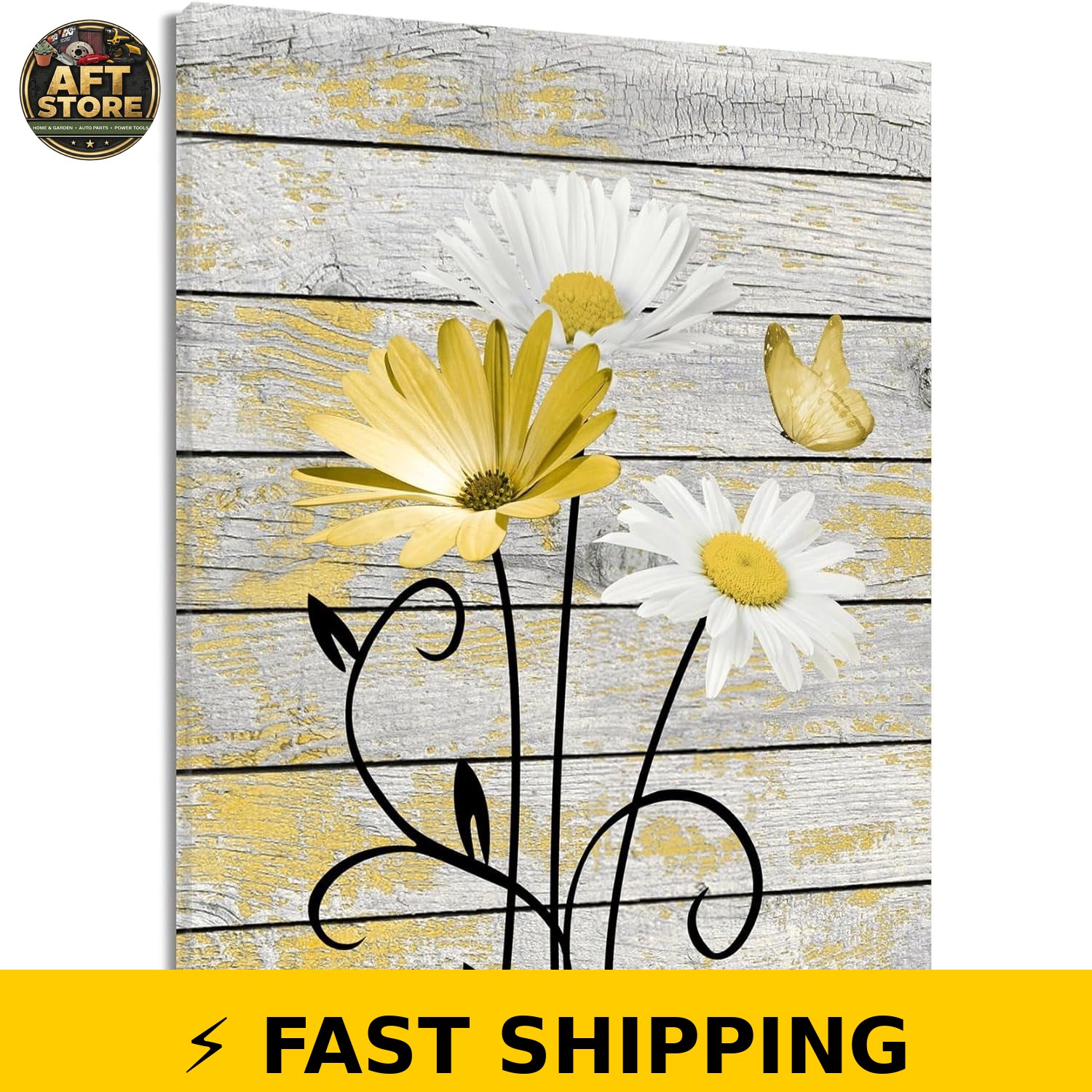 Farmhouse Floral Wall Art Canvas – Daisy & Butterfly – 16×12